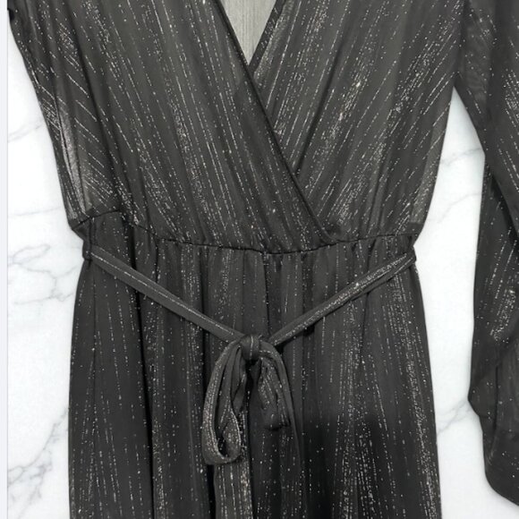 Black Sheer Sparkle Midi Dress with Belt and Long Sleeves Size: M - Picture 4 of 12